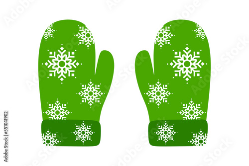 Green mittens isolated on white background. Design of mittens with textured snowflakes. cartoon flat illustration green winter mittens for kids. vector eps10  