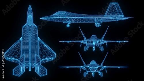 3D rendering illustration fighter plane blueprint glowing neon hologram futuristic show technology security for premium product business finance  transportation