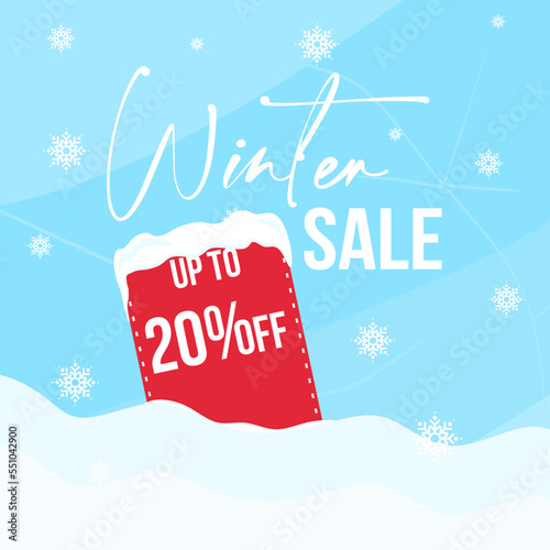 Winter sale up to 20% off. Winter sale banner template design with snow flakes up to 20 percent off. Super Sale, end of season special offer banner. vector illustration eps10