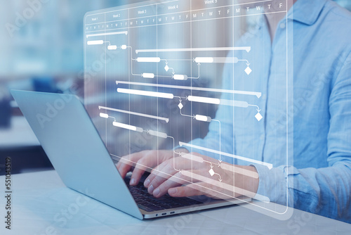 Project manager working with Gantt chart schedule to plan tasks and deliverables. Scheduling activities with a planning software. Work breakdown structure and dependency diagram on computer screen. photo