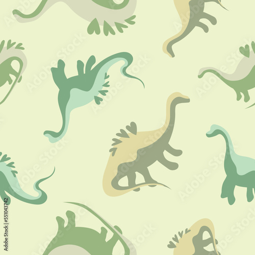 Green seamless dinosaur pattern with hearts on backs. Children s print with green dinosaurs  baby pattern for fabric or textiles  for wrapping paper  for nursery. Decorative Jurassic dino wallpaper.