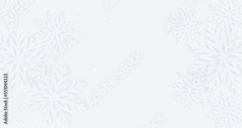 Elegant light grey white background with snowflakes and star bokeh. Glowing sequins. Abstract elegant banner. New year 2023 greeting card. Deluxe Merry Christmas BG. Premium sale ad backdrop. Stripes