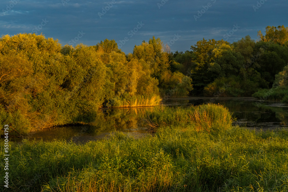 Sonnenuntergang im Vogelschutzgebiet NSG Garstadt bei Heidenfeld im Landkreis Schweinfurt, Unterfranken, Bayern, Deutschland.