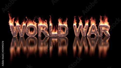 World war - text burning in fire on glossy surface – 3d animation