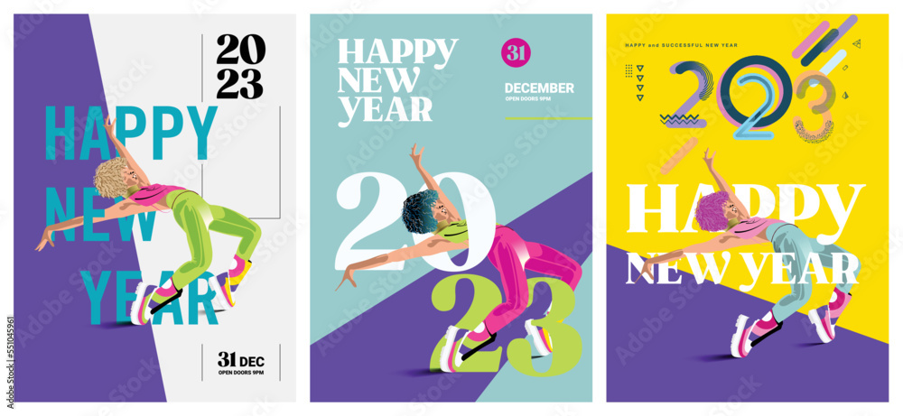Set of abstract happy new year 2023 dance party for social media stories. Colorful banners with fashionable female professional dancer. 2023 scenes . Use for event invitation, discount voucher, ad.
