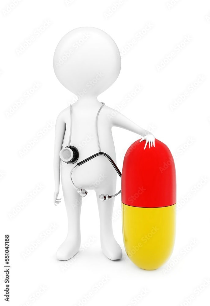 3d man with stethoscope in his shoulder and presenting a large medicine capsule concept 3d man with stethoscope in his shoulder and presenting a large medicine capsule concept