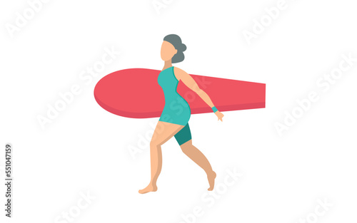 an elderly woman goes surfing, senior people activity, flat vector illustration