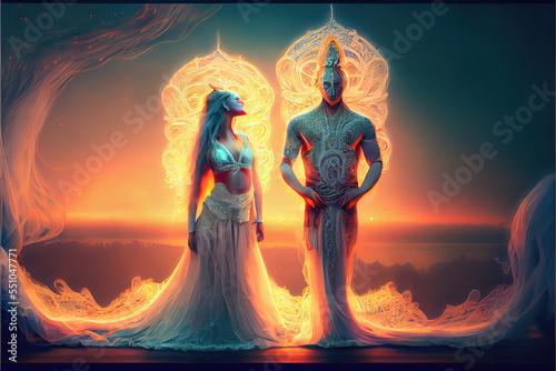 God of sound waves yoga mediation standing next to his beautiful bride the goddess of light waves, full body in romantic pose generative ai
