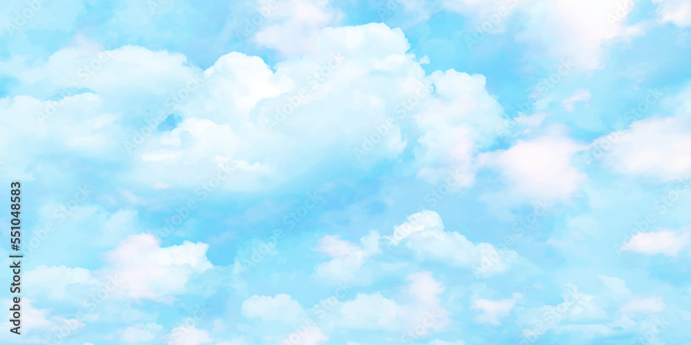 Blue nature sky with tiny clouds background.Blue Sky vector with gradient light white background. Beautiful puffy clouds in bright blue sky in day sunlight.