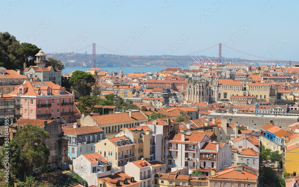Panorama view of Lisbon, capital city of Portugal. Cityscape with 25th of April Bridge, ruined Carmo Church and Santa Justa Lift. Postcard viewpoint.