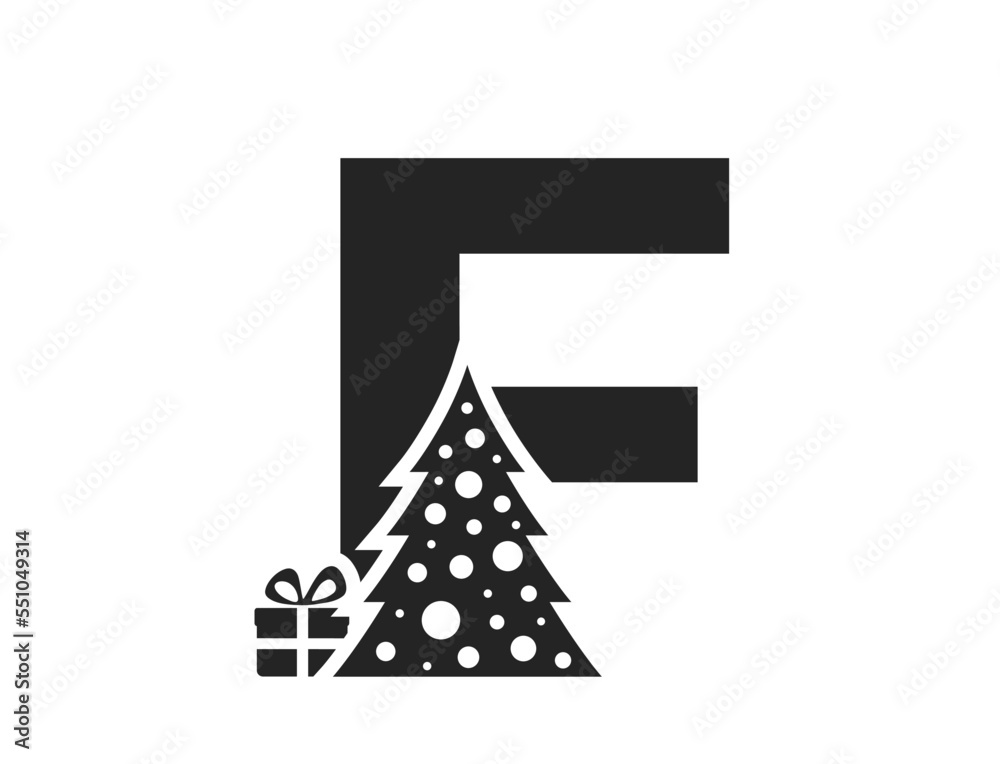 letter f with christmas tree and gift. text element for Christmas, new year and winter holiday design letter f with christmas tree and gift. text element for Christmas, new year and winter holiday design