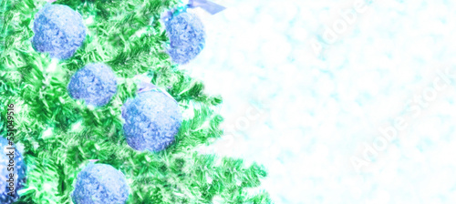 Christmas and New years eve Christmas Background. Beautiful Wide Angle Holiday Template, turquoise balls on fir tree highlights.