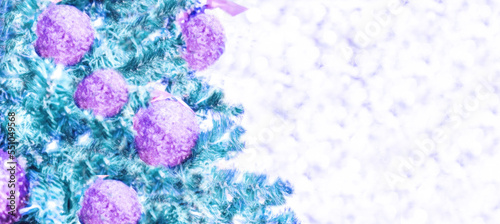 Christmas and New years eve Background. Beautiful Wide Angle Holiday Template, lilac balls on fir tree highlights.