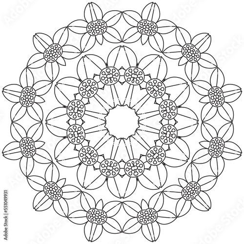 Easy mandala, coloring pattern for meditation on white background.