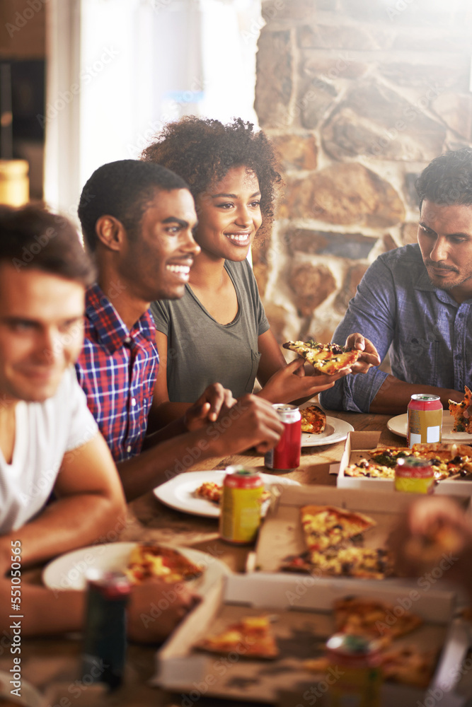 Friends eat pizza, lunch and food at restaurant with fun together on friendship date, party or celebration. Fast food, table and social gathering, event and dinner meal with soda in Chicago diner. Friends eat pizza, lunch and food at restaurant with fun together on friendship date, party or celebration. Fast food, table and social gathering, event and dinner meal with soda in Chicago diner.