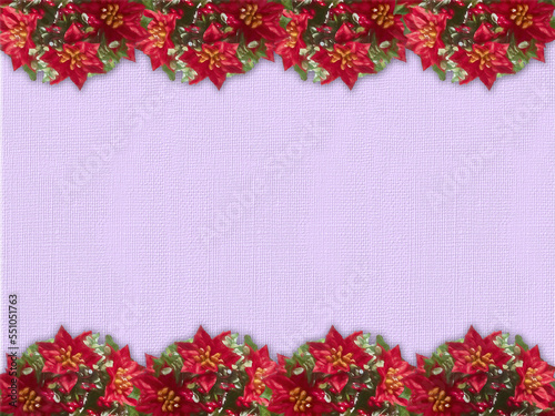 Winter canvas background with poinsettia on both sides. Canvas texture. Christmas, New Year.