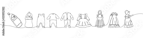 Set of baby rompers, children clothing, baby overalls, swaddling, dress, one line art. Continuous line drawing of clothes, dress, children s, wardrobe, dress up, neat, comfortable, home, baby.