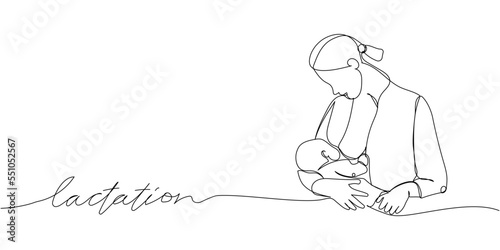 Mom breastfeeds a newborn one line art with an inscription lactation. Continuous line drawing of newborn, motherhood, family, love, child, breastfeeding, lactation, healthy lifestyle.