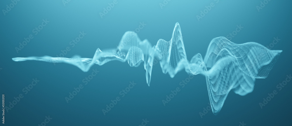 Illustration of abstract wireframe sound waves, visualization of frequency signals audio wavelengths, conceptual futuristic technology waveform background with copy space for text