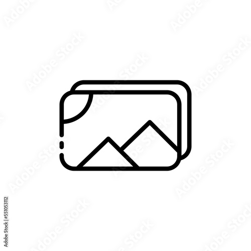 Photos line icon. Picture, landscape, portrait, photography, plus button, add, camera, shooting, reels, creative occupation, creativity, capture the moment. Vector line icon on white background