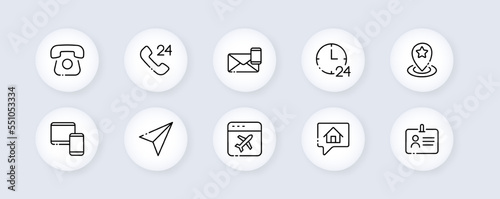 Contact us set icon. Phone, pointer, send message, handset, calls, check mark, communication, alarm, correspondence, sms, fax. Phone concept. Neomorphism style. Vector line icon for Business