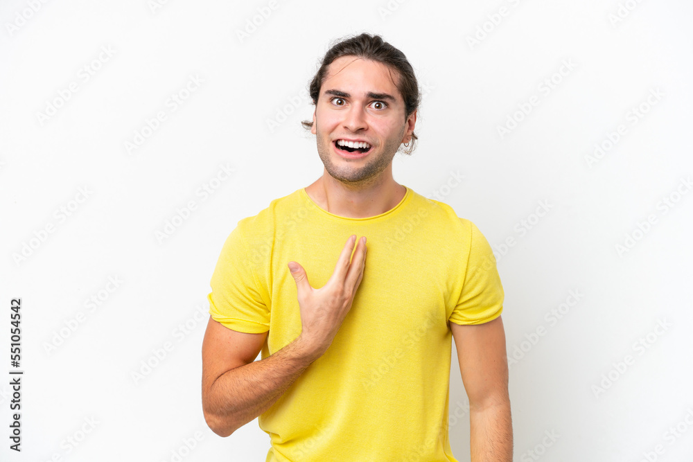Caucasian handsome man isolated on white background pointing to oneself Caucasian handsome man isolated on white background pointing to oneself