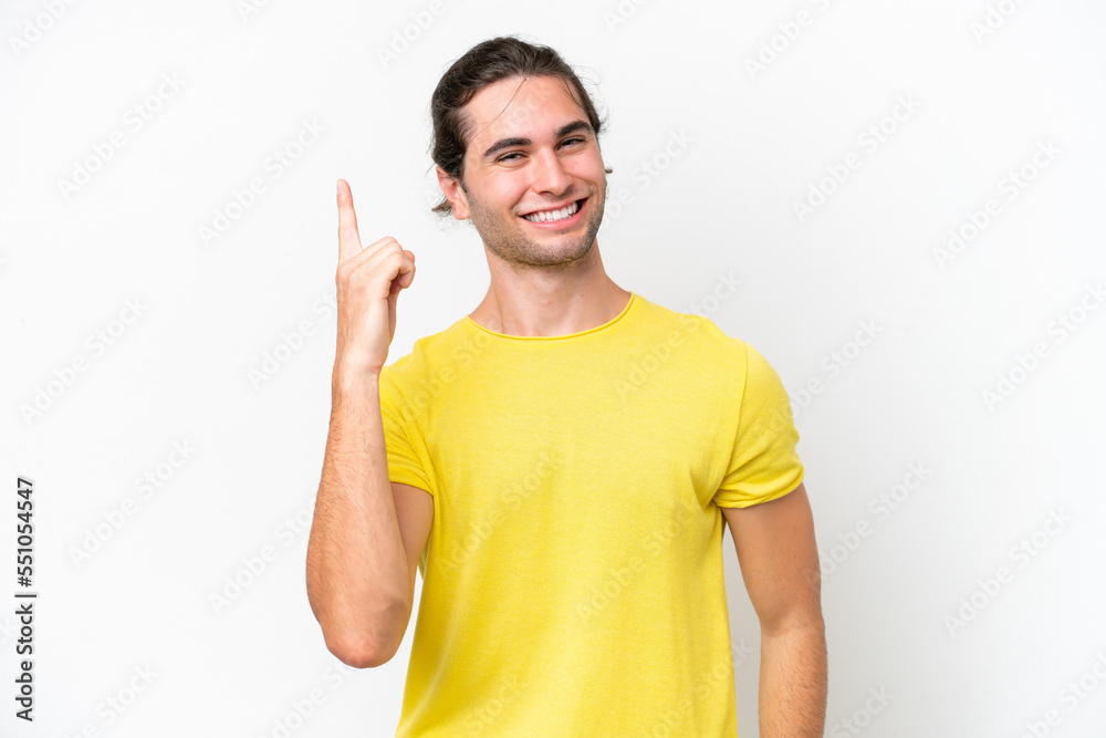 Caucasian handsome man isolated on white background showing and lifting a finger in sign of the best Caucasian handsome man isolated on white background showing and lifting a finger in sign of the best