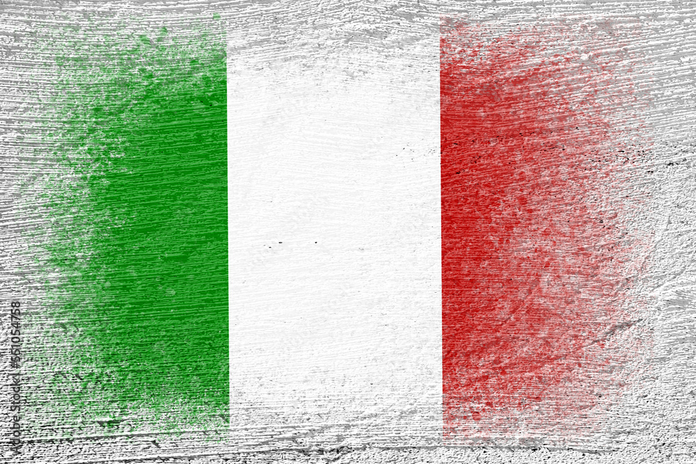 Flag of Italy. Flag is painted on a cement wall. Cement background. Plastered surface. Copy space. Textured background