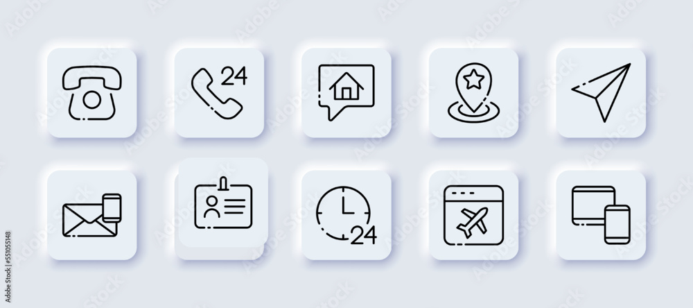Contact us set icon. Location, handset, , pointer, send message, handset, calls, check mark, communication, airplane, correspondence, sms, fax. Phone concept. Neomorphism. Vector line icon Contact us set icon. Location, handset, , pointer, send message, handset, calls, check mark, communication, airplane, correspondence, sms, fax. Phone concept. Neomorphism. Vector line icon