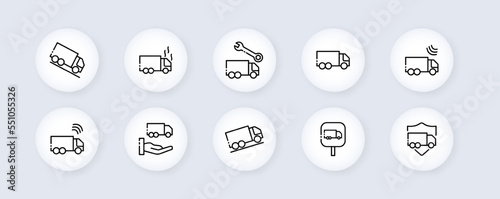 Car accidents set icon. Warning signs, minivan, collision, overheating, slope, crash, shield, wrench, fall into a body of water. Road traffic concept. Neomorphism. Vector line icon for Business