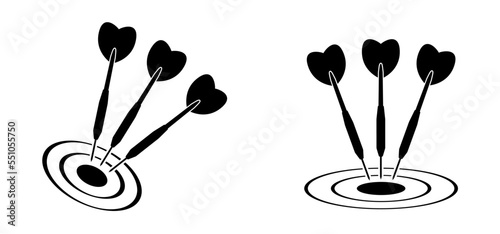 Cartoon dart arrows for dart board game. Successful business strategy concept. Targeted strategies. Success, goals. Dartboard, the darts on the target, arrow darts 