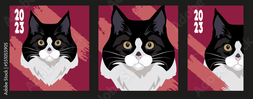 Vector graphics. Crimson shades. The image of the cat in different versions. The year of the cat. New Year. A holiday for the family.