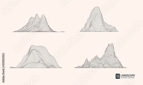 3d grid technology illustration landscape. Set of mountains on white background. Digital abstract terrain cyberspace. EPS10 Vector.