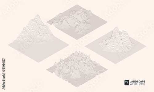 3d grid technology illustration landscape. Set of mountains on white background. Digital abstract terrain cyberspace. EPS10 Vector.