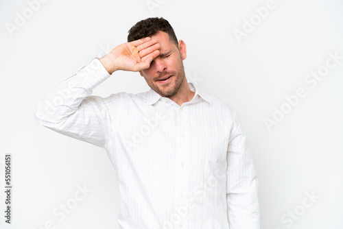 Young caucasian handsome man isolated on white background with tired and sick expression
