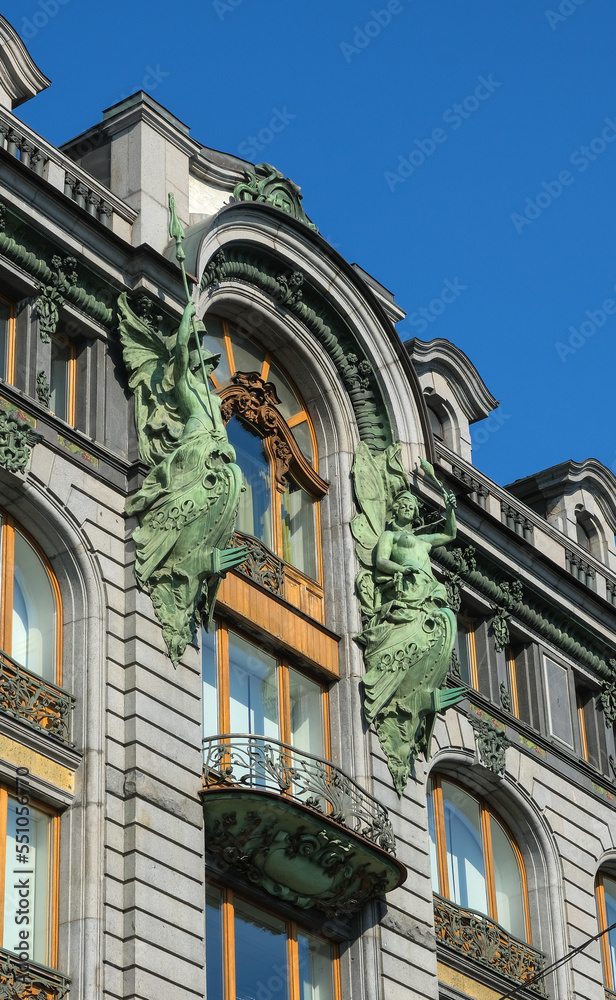St. Petersburg, Russia. Fragment of a historic building - Singer's House. It now houses a bookstore and offices. Architectural details of Zinger House, one of the famous historical and architectural