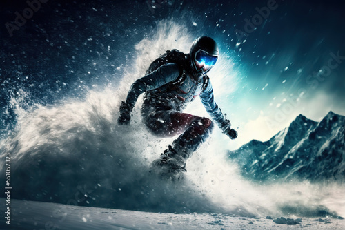 Extreme sport jump at hyper speed. Snowboarder jumps from a snow-covered mountain. Digital artwork