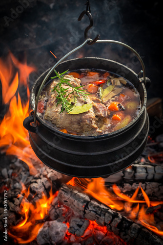 Delicious and hot hunter's stew made of meat and vegetables.