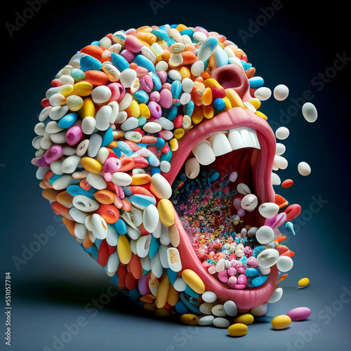 screaming human head made out of pills