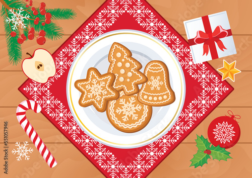 Christmas wooden table with gingerbread and decorations top view vector. Christmas dinner on wood table view from above vector illustration. Gingerbread cookies on a plate drawing