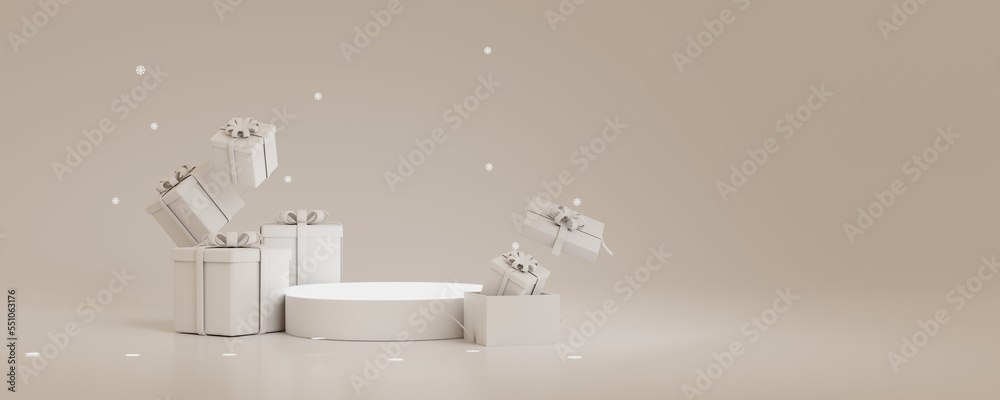 3D rendering illustration , Christmas 3d style Product podium White scene with white gift box Merry Christmas and New Year festive banner.
