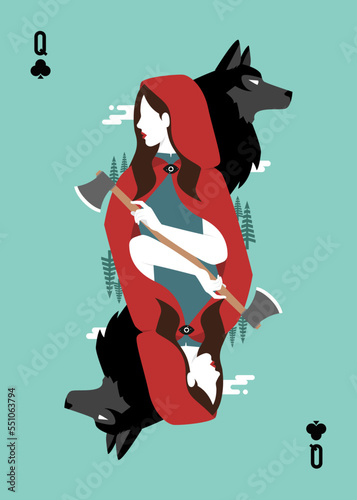 Queen of clubs playing card, red riding hood holding an axe with black wolf behind.
