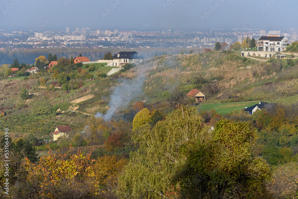 Novi Sad, Serbia - November 11, 2022: View of Novi Sad from the mountain Fruska Gora. Panorama of Novi Sad