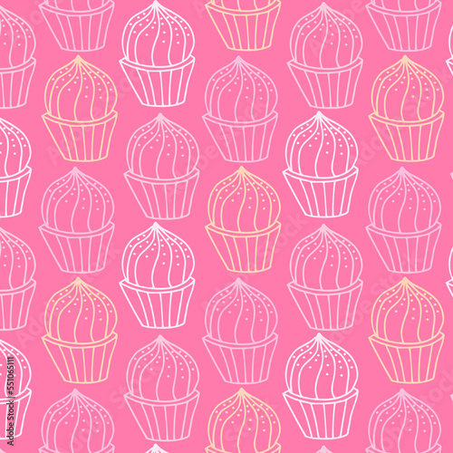 Seamless pattern with different cupcakes on a white background. Sweet pastries decorated with hearts, cherry, flower and star.