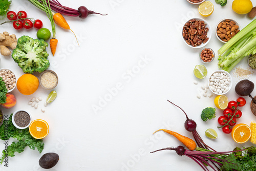 White food background veggies nuts roots and beans top view