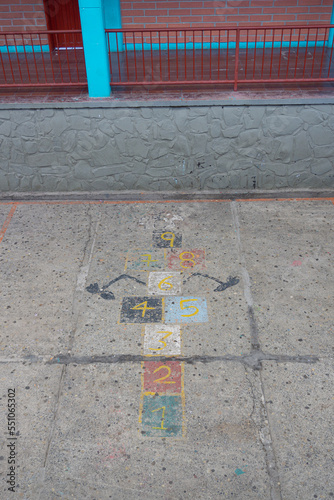old colered paint of a Hopscotch with numbers