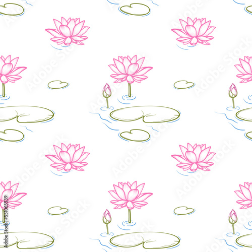 Beautiful waterlily or lotus flower. Seamless vector pattern.