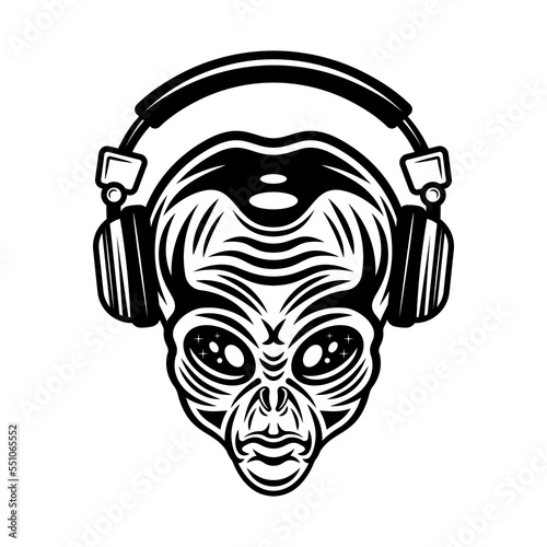 Alien head in headphones vector illustration in vintage monochrome style isolated on white background