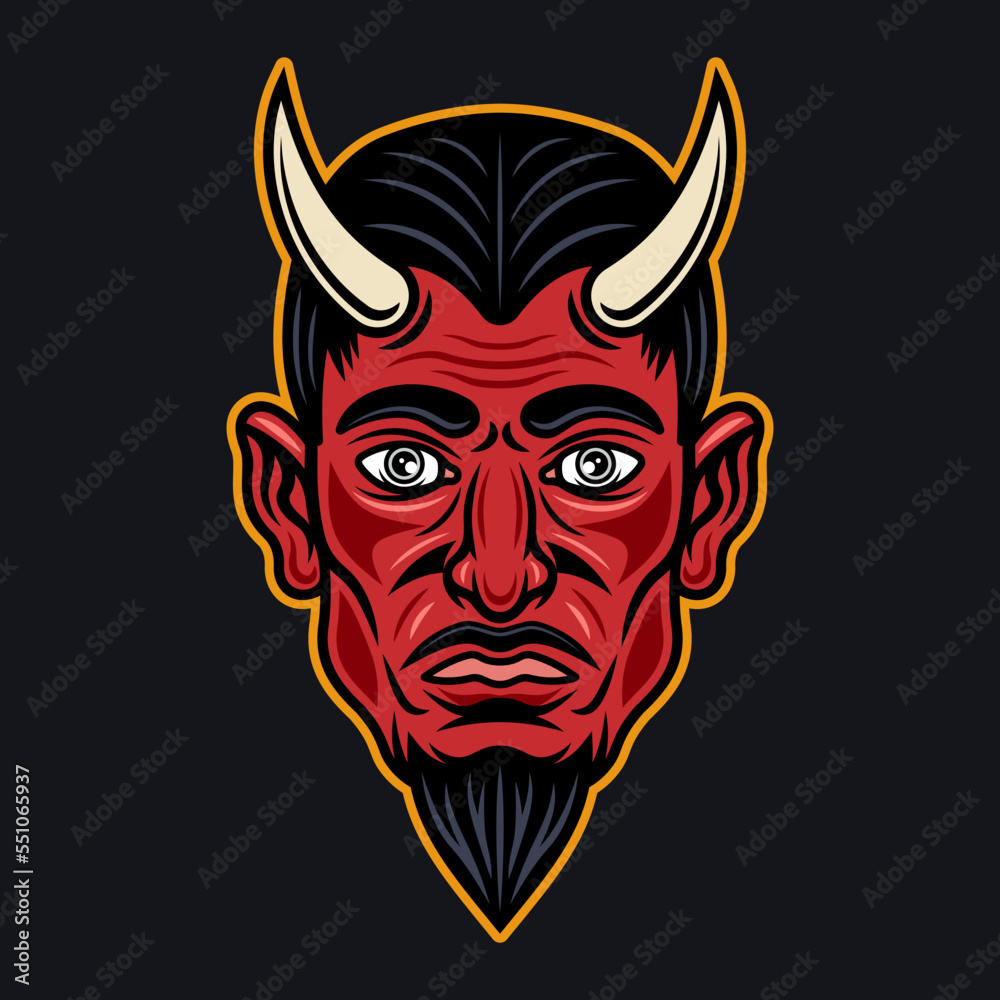 Devil or lucifer head with horns colored illustration in cartoon style isolated on dark background