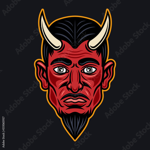Devil or lucifer head with horns colored illustration in cartoon style isolated on dark background